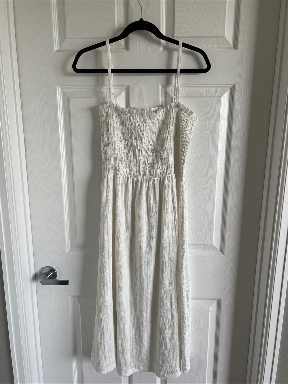 H&M White Smocked Midi Dress with Spaghetti Straps